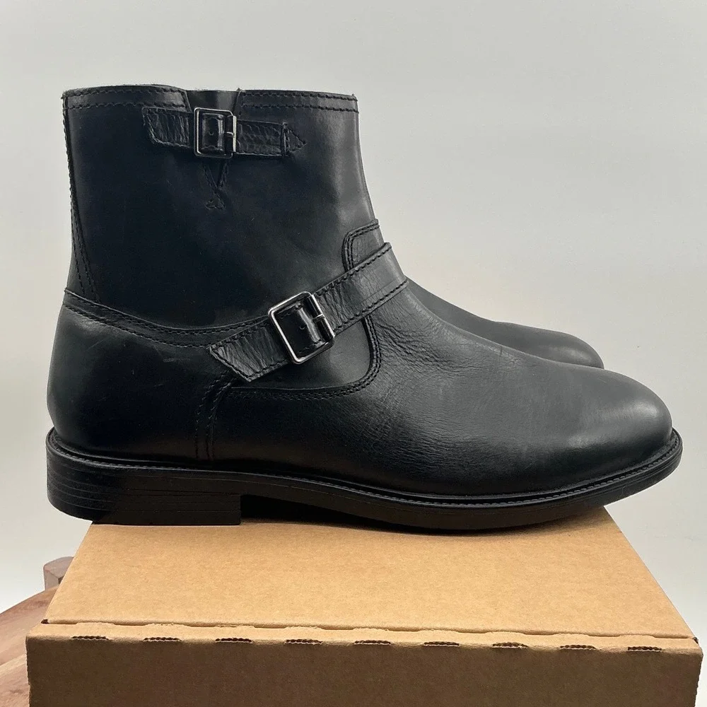 Steve Madden Mens Black Leather Harness Ankle Boots Buckle Zip Biker Style
